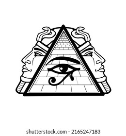 Animation monochrome drawing: symbol of  Egyptian pyramid, eye of Horus, profile of the pharaoh.Vector illustration isolated on a white background. Print, poster, T-shirt, logo.