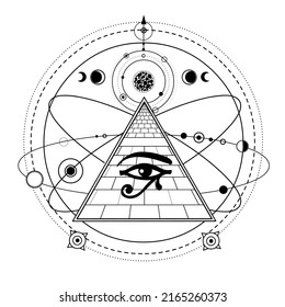 Animation monochrome drawing: symbol of  Egyptian pyramid, eye of Horus, cosmic symbols, orbits of planets. Vector illustration isolated on a white background. Print, poster, T-shirt, logo.