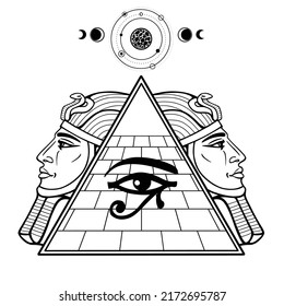 Animation monochrome drawing: symbol of  Egyptian pyramid, eye of Horus, profile of the pharaoh.Vector illustration isolated on a white background. Print, poster, T-shirt, logo.