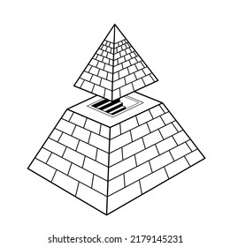 Animation monochrome drawing: symbol of  Egyptian pyramid with a separate vertex and a staircase inside.  Egyptian history and mythology. Vector illustration isolated on a white background. 