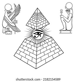 Monochrome Animation: Symbol der ägyptischen Pyramide in einer strahlenden Sonne und einem allgegenwärtigen Auge. Gott Ra in Form eines Vogel und Menschen. Vektorgrafik einzeln auf weißem Hintergrund. 