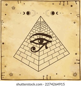 Animation monochrome drawing: symbol of  Egyptian pyramid, eye of Horus, moon symbols. Egyptian history and mythology. Background - imitation old paper. Vector illustration.
