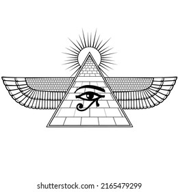 Animation monochrome drawing: winged Egyptian pyramid, eye of Horus, divine shining sun. Vector illustration isolated on a white background. Print, poster, T-shirt, logo.