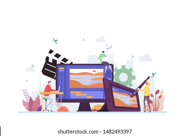 Animation and Motion Graphic Industry Vector Illustration Concept Showing Digital Motion Graphic Animation Creative Process Tools, Suitable for landing page, ui, web, App intro card, editorial, flyer,