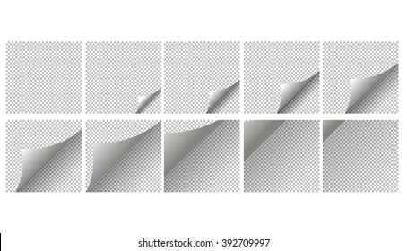 Animation page coup. Page curl with shadow on blank sheet of paper. White paper sticker. Element for advertising and promotional message isolated on transparent background.