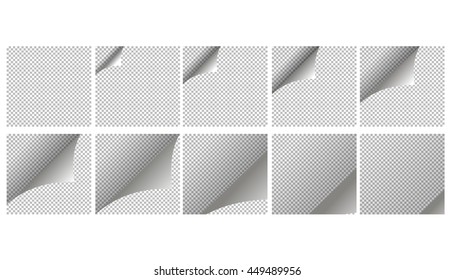 Animation page coup. Curl with shadow on blank sheet of paper. White sticker. Element for advertising and promotional message isolated on transparent background.