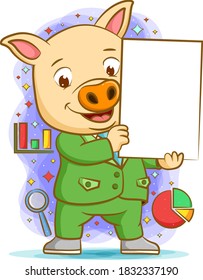 The animation of pig using the green suite holding the blank board for presentation