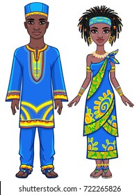 Animation portrait of the African family in bright ethnic clothes. Full growth. The vector illustration isolated on a white background.