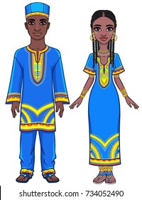 Animation portrait of the African family in bright ethnic clothes. Full growth. The vector illustration isolated on a white background.