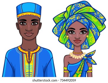 Animation portrait of the African family in bright ethnic clothes. Vector illustration isolated on a white background.