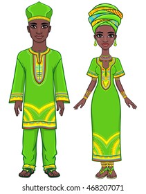 Animation portrait of the African family in ethnic clothes. Full growth. The vector illustration isolated on a white background.