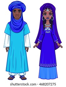 Animation portrait of the African family in ethnic clothes. Full growth. The vector illustration isolated on a white background.