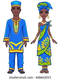 Animation portrait of the African family in ethnic clothes. Full growth. The vector illustration isolated on a white background.