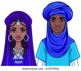 Animation portrait of the African family in ethnic clothes. The vector illustration isolated on a white background.