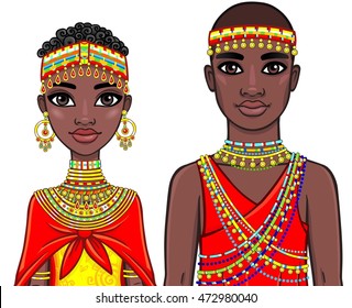 Animation portrait of the African family in ethnic clothes. The vector illustration isolated on a white background.
