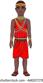 Animation portrait of the African man in ancient clothes. Full growth. The vector illustration isolated on a white background.