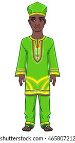 Animation portrait of the African man in bright clothes. Full growth. The vector illustration isolated on a white background.