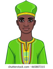 Animation portrait of the African man in bright clothes.  The vector illustration isolated on a white background.