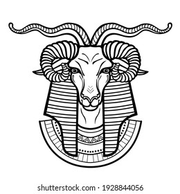 Animation portrait Ancient Egyptian god Khnum. Deity of Nile source, god with ram. Vector illustration isolated on a white background. Print, poster, t-shirt, tattoo.