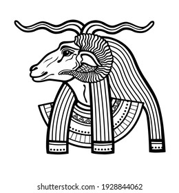 Animation portrait Ancient Egyptian god Khnum. Deity of Nile source, god with ram. Profile view. Vector illustration isolated on a white background. Print, poster, t-shirt, tattoo.