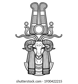 Animation portrait Ancient Egyptian god Khnum. Deity of Nile source, god with ram. Vector illustration isolated on a white background. Print, poster, t-shirt, tattoo.