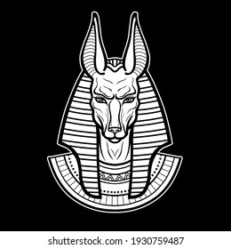 Animation portrait Ancient Egyptian god Anubis. Deity with canine head. God of death. Vector illustration isolated on a black background. Print, poster, t-shirt, tattoo.