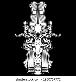 Animation portrait Ancient Egyptian god Khnum. Deity of Nile source, god with ram. Vector illustration isolated on a black background. Print, poster, t-shirt, tattoo.