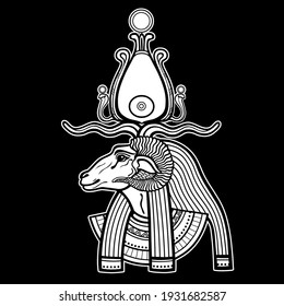 Animation portrait Ancient Egyptian god Khnum. Deity of Nile source, god with ram. Profile view.  Vector illustration isolated on a black background. Print, poster, t-shirt, tattoo.