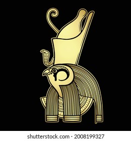 Animation portrait of the Ancient Egyptian god Horus. Deity with head of a bird, patron of the pharaohs. Gold Imitation. Vector illustration isolated on a black background. Print, poster, t-shirt