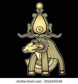  Animation portrait Ancient Egyptian god Khnum. Deity of Nile source, god with ram. Profile view.  Gold Imitation. Vector illustration isolated on a black background. Print, poster, t-shirt