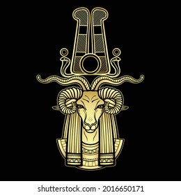 Animation portrait Ancient Egyptian god Khnum. Deity of Nile source, god with ram. Gold Imitation. Vector illustration isolated on a black background. Print, poster, t-shirt