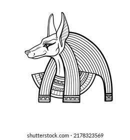 Retrato de animación del antiguo dios egipcio Anubis. La deidad con la cabeza canina. Dios de la muerte. Ver perfil. Ilustración vectorial aislada en un fondo blanco. Imprenta, afiche, camiseta, tatuaje.