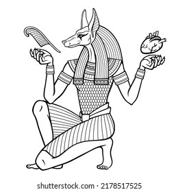 Retrato de animación: El antiguo dios egipcio Anubis sostiene el corazón humano y la pluma. ritual de la vida después de la vida. Dios de la muerte. Historia y mitología egipcias. Ilustración vectorial aislada en un fondo blanco.