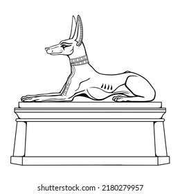 Animation portrait: Ancient Egyptian god Anubis in the form of a lying dog on  pedestal. God of death and the afterlife. Egyptian history and mythology. Vector illustration isolated on a white 