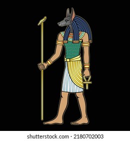 Retrato de animación: El antiguo dios egipcio Anubis tiene un personal y una cruz de arco. Crecimiento total.  La deidad con la cabeza canina. Dios de la muerte.  Ver perfil. Ilustración vectorial aislada en un fondo negro.