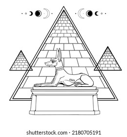 Retrato de animación: El antiguo dios egipcio Anubis en forma de perro mentiroso protege las pirámides, el valle de los reyes. Dios de la muerte y la vida después. Ilustración vectorial aislada en un fondo blanco.