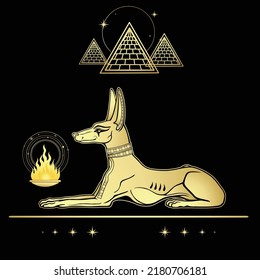 Animation portrait: Ancient Egyptian god Anubis in the form of a lying dog protects pyramids. God of death and afterlife. Ritual fire. Vector illustration isolated on a black background. 