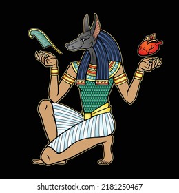 Animation portrait: Ancient Egyptian god Anubis holds human heart and pen. Afterlife ritual. God of death. Egyptian history and mythology. Vector illustration isolated on a black background.