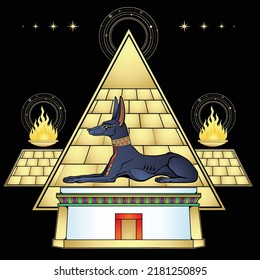 Animation portrait: Ancient Egyptian god Anubis in the form of a lying dog protects pyramids, valley of the kings. God of death and afterlife. Vector illustration isolated on a white background.