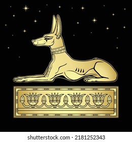 Retrato de animación: Antiguo dios egipcio Anubis en forma de perro mentiroso. Dios de la muerte y la vida después. El trono decorativo, las estrellas. Imitación del oro. Ilustración vectorial aislada en un fondo negro. 