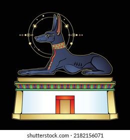 Animation portrait: Ancient Egyptian god Anubis in form of a lying dog. God of death. Decorative throne, door to the afterlife. Vector illustration isolated on a white background. 