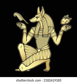 Retrato de animación: El antiguo dios egipcio Anubis sostiene el corazón humano y la pluma. ritual de la vida después de la vida. Dios de la muerte. Historia y mitología egipcias. Ilustración vectorial aislada en un fondo negro.