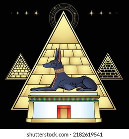 Animation portrait: Ancient Egyptian god Anubis in the form of a lying dog protects pyramids, valley of the kings. God of death and afterlife. Vector illustration isolated on a white background.