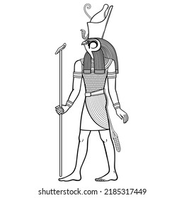 Retrato de animación: El antiguo dios egipcio Horus en la corona de Egipto. Dios del cielo y sol disfrazado de Halcón. Crecimiento total. Ver perfil. Ilustración vectorial aislada en un fondo blanco.