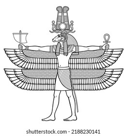 Animation portrait: Ancient Egyptian god Khnum with the head of a ram and many wings holds magical symbols. View profile. Full growth. Vector illustration isolated on a white background.