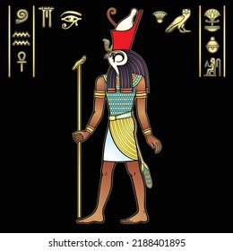 Animation portrait: Ancient Egyptian god Horus in the crown of Egypt. God of heaven and sun in  guise of Falcon. Full growth. View profile. Vector illustration isolated on a black background.