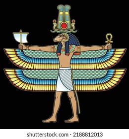 Animation portrait: Ancient Egyptian god Khnum with the head of a ram and many wings holds magical symbols. View profile. Full growth. Vector illustration isolated on a white background.