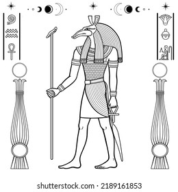 Animation portrait: Ancient Egyptian god Seth. God of rage, deserts, sandstorms, death, and strangers. View profile. Full growth. Set of hieroglyphs.  Vector illustration isolated on a white 