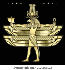 Animation portrait: Ancient Egyptian god Khnum with the head of a ram and many wings holds magical symbols. View profile. Full growth.Vector illustration isolated on a black background. 