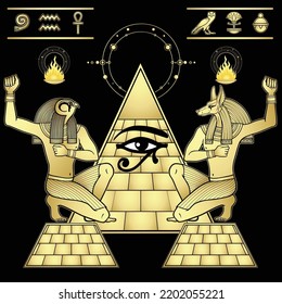 Animation portrait: Ancient Egyptian god Ra and god Anubis.  View profile. Pyramid symbol, hieroglyphs. Vector illustration isolated on a  black background. Gold imitation.